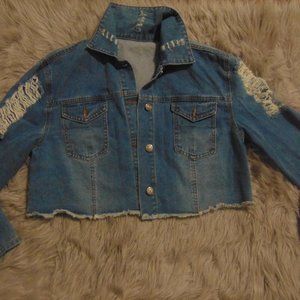 New Half Waist Blue Jean Denim Jacket W/Rips